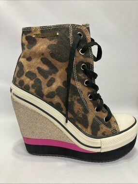 Rock & Candy Leopard Print High-Top Wedge Sneakers with Pink Stripe